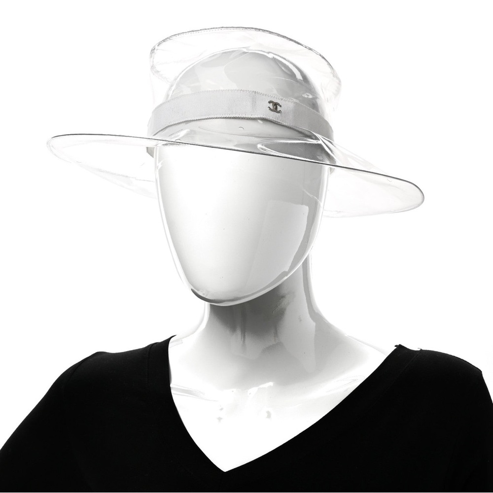 Chanel Runway CC Clear Rain PVC Clear Vinyl Wide-Brim Hat with Ivory Band - Picture 14 of 16